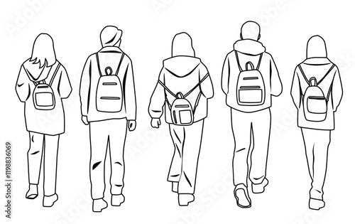 Silhouettes of men and women, group of walking business people with backpack, profile, vector, hand draw, linear sketch, back view, black and white color, isolated on white background