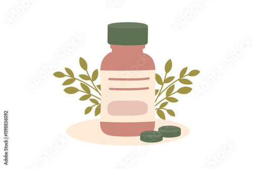 Pills bottle and natural organic green pills, nutritional supplement isolated on white. Concept of alternative medicine, healthcare and cure. Vector flat clipart.