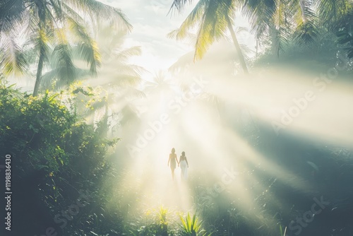 Wallpaper Mural Silhouettes of two people holding hands while walking into bright misty sunlight in a tranquil tropical forest. Torontodigital.ca