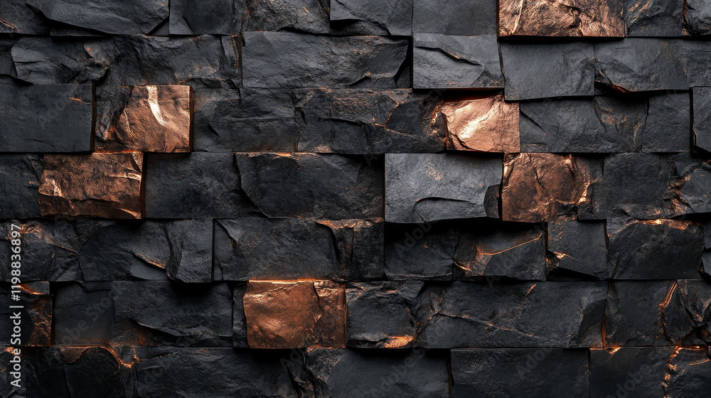 Fototapeta premium Modern Stone Wall Texture With Black and Copper Elements, Contemporary Architectural Design