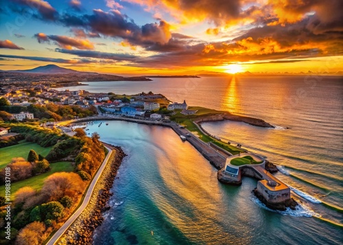 Golden Winter Sunset, Dalkey Coastline, Dublin, Ireland - Drone Aerial View photo