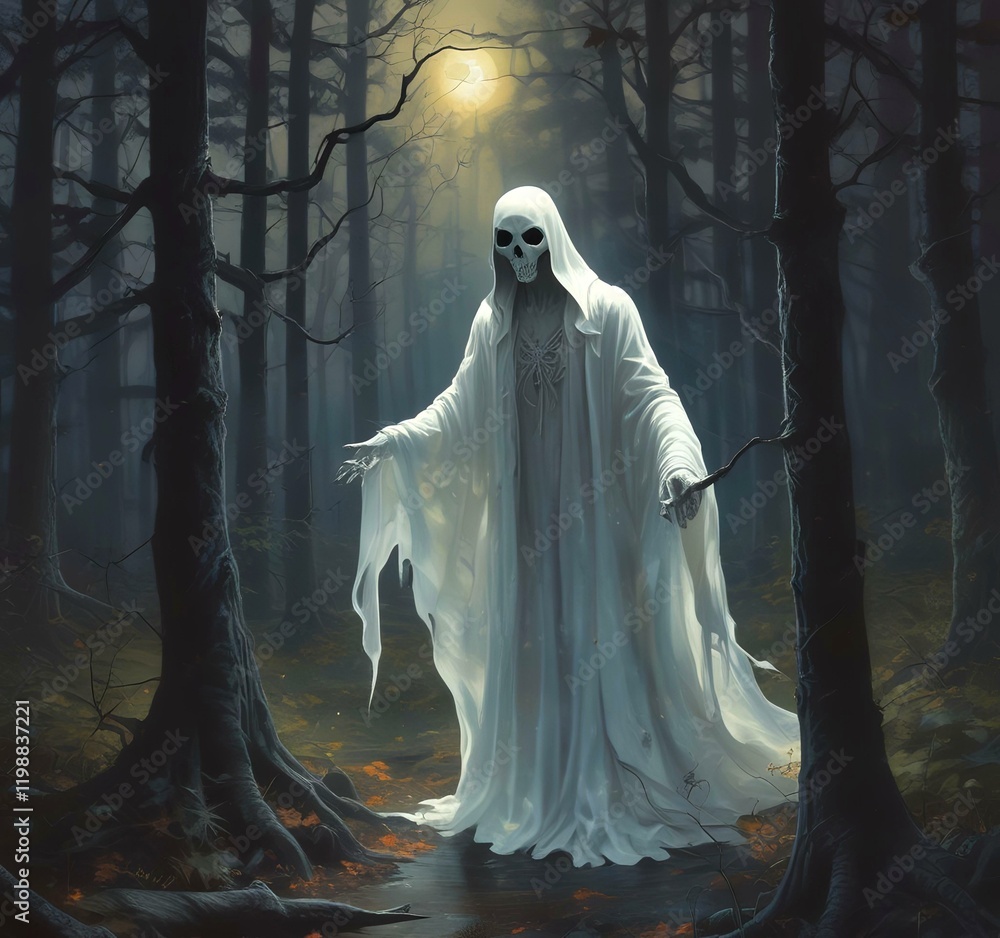 Illustration of glowing ghost in creepy forest. Illustration of glowing ghost in creepy forest.