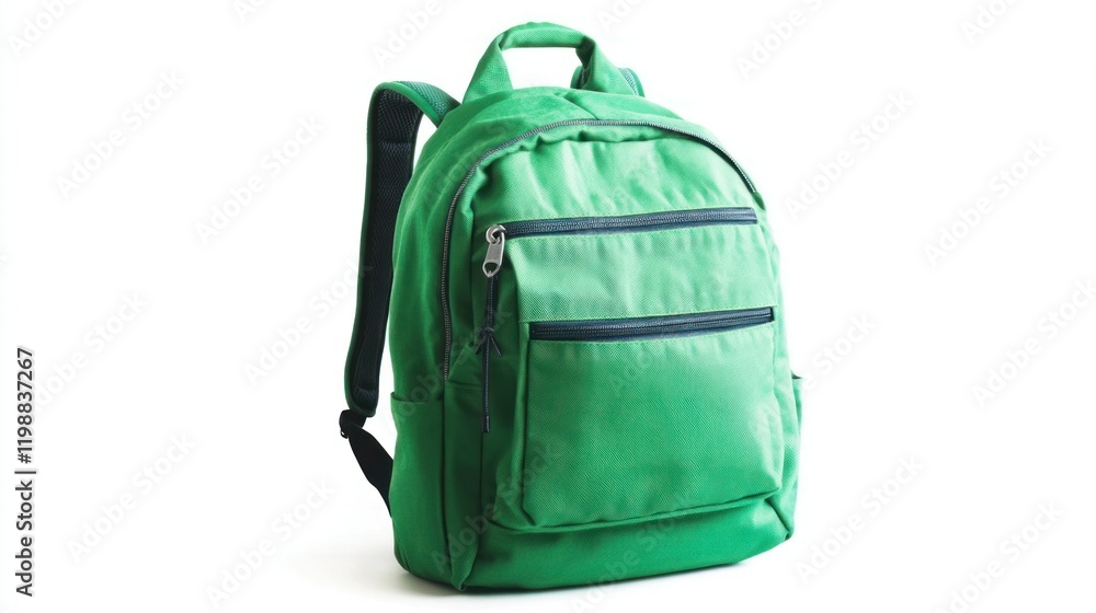 Fototapeta premium A green eco-friendly school backpack, made from recycled materials, isolated on white with room for descriptive text on the side