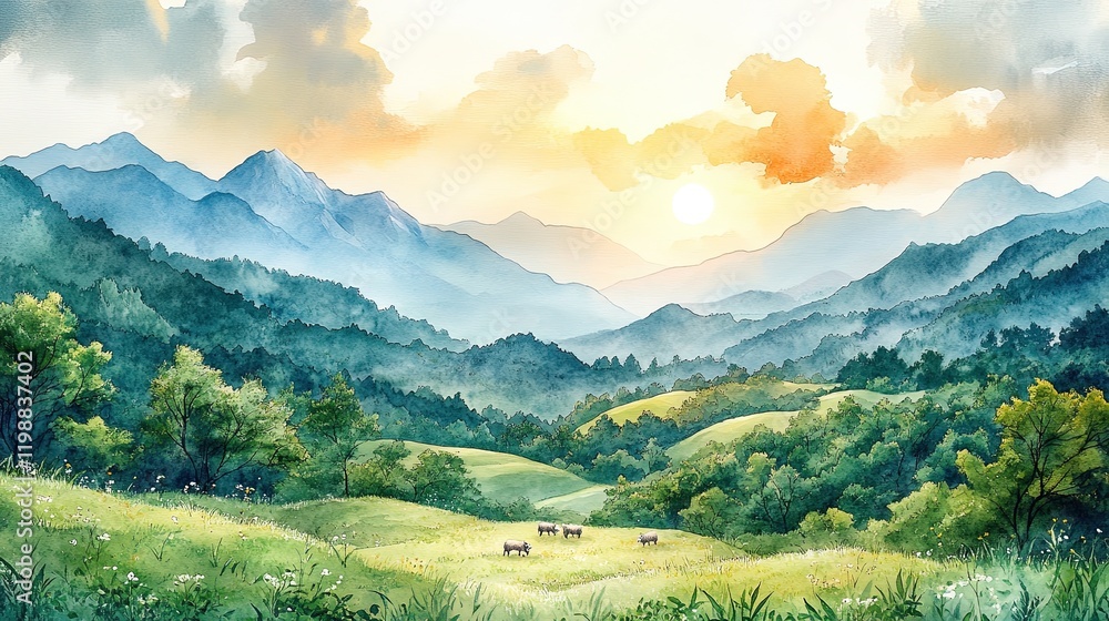 Obraz premium Serene landscape with mountains, rolling hills, and grazing animals at sunset.