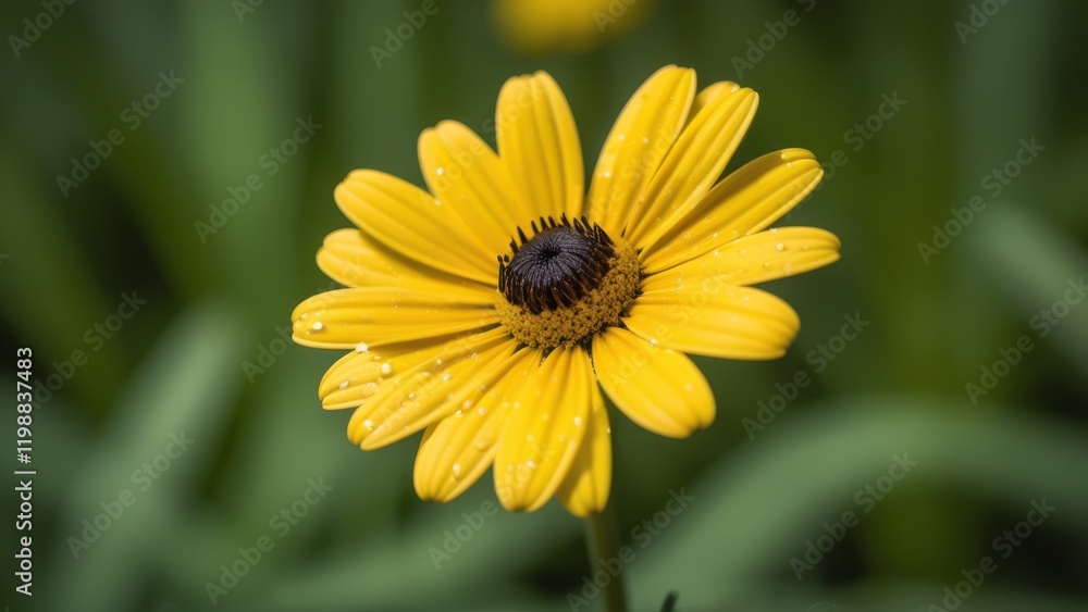 yellow flower in dew close-up among grass. yellow flower in dew close-up among grass.