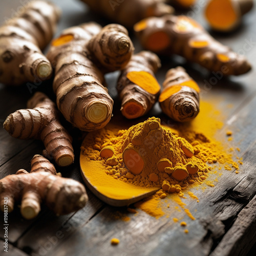 Close-up of powdered turmeric, or Curcuma longa, isolated against a clear background 