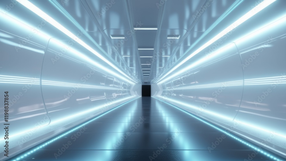 Fototapeta premium blue and white neon long corridor with darkness at the end