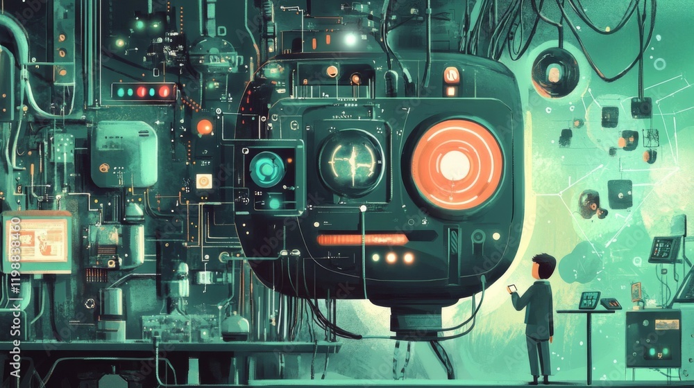 A young man observing a complex futuristic machine in a space laboratory A young man observing a complex futuristic machine in a space laboratory