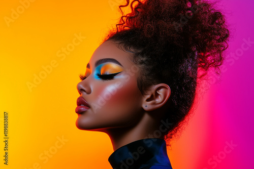 Wallpaper Mural Stunning Female Model with Striking Eye Makeup and a Chic Updo Set Against a Colorful Gradient Background, Radiating Sophistication and Style. Torontodigital.ca