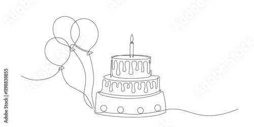 Birthday cake one line drawing in single line art style. Continuous line drawing of birthday cake with candles and balloons. Doodle sketch concept. Editable stroke design elements. Vector Illustration