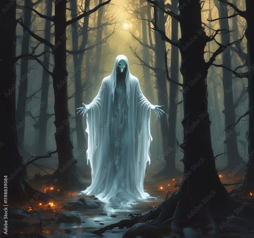 Illustration of glowing ghost in creepy forest. Illustration of glowing ghost in creepy forest.