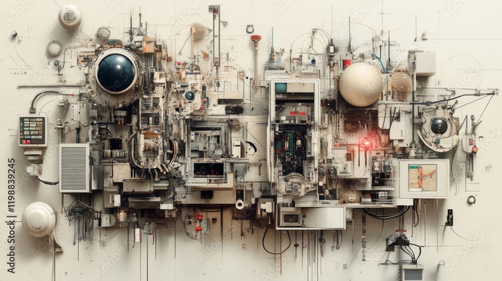 Intricate technological machine collage in grey and beige tones Intricate technological machine collage in grey and beige tones