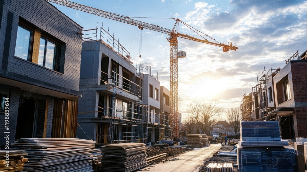 A modern townhome under construction, with a crane extending over the site, surrounded by scaffolding and stacks of building materials A modern townhome under construction, with a crane extending over the site, surrounded by scaffolding and stacks of building materials