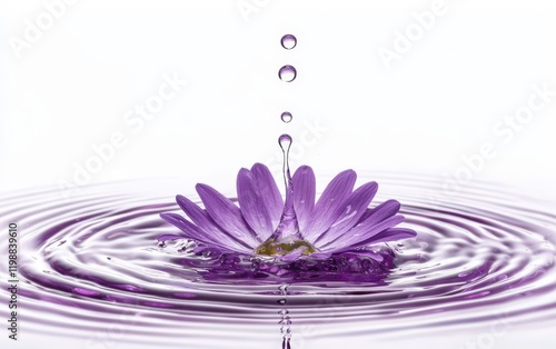 Single bright purple paint drop expanding like a flower in clear water, isolated on a pure white background photo