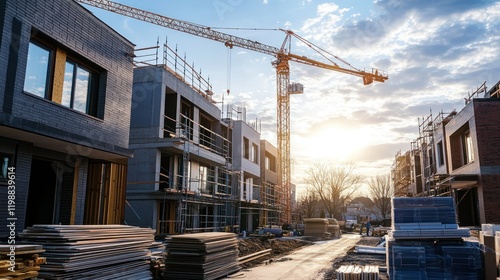 A modern townhome under construction, with a crane extending over the site, surrounded by scaffolding and stacks of building materials