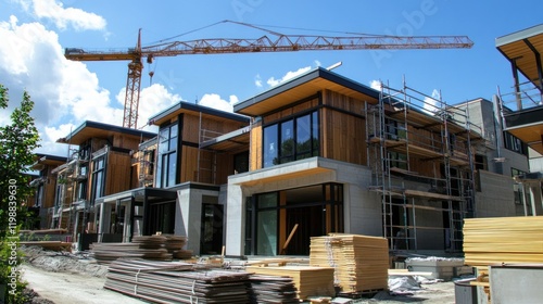 A modern townhome under construction, with a crane extending over the site, surrounded by scaffolding and stacks of building materials