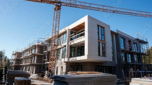 A modern townhome under construction, with a crane extending over the site, surrounded by scaffolding and stacks of building materials