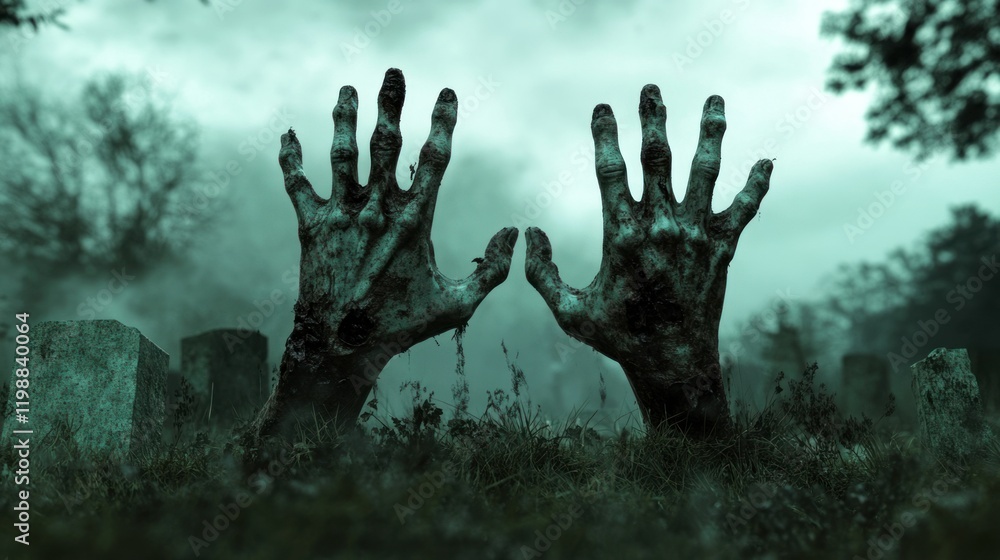 A pair of decayed zombie hands breaking through a grassy grave site, with a shadowy forest and ominous sky in the background A pair of decayed zombie hands breaking through a grassy grave site, with a shadowy forest and ominous sky in the background