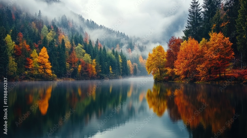 A peaceful autumn lake surrounded by colorful trees, with the still water creating a reflective surface ideal for text.