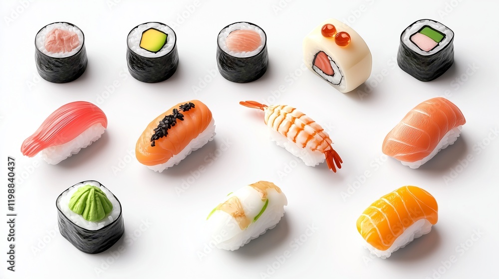Fototapeta premium Isometric sushi icons set, soft clay texture, clean white.