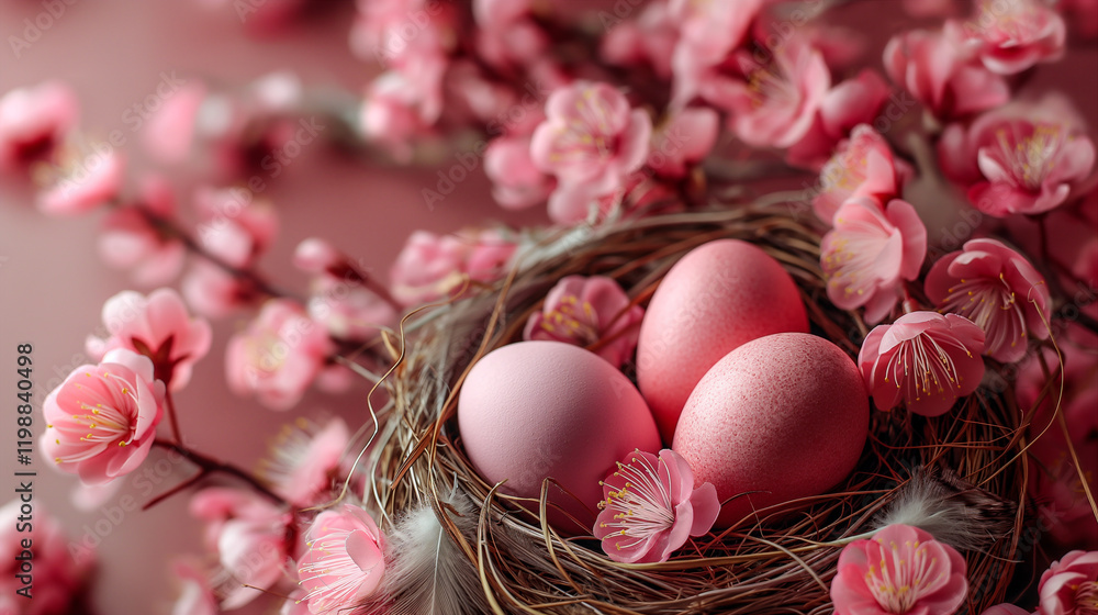 Pastel pink Easter eggs nestled in natural nest with cherry blossoms, pink feathers. Generative AI Pastel pink Easter eggs nestled in natural nest with cherry blossoms, pink feathers. Generative AI