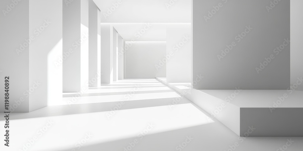Obraz premium This minimal gallery interior features expansive blank areas and soft natural light. Ideal for showcasing art or design, the space provides a serene atmosphere.