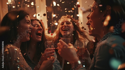 Friends joyfully celebrating indoors with confetti and laughter. photo