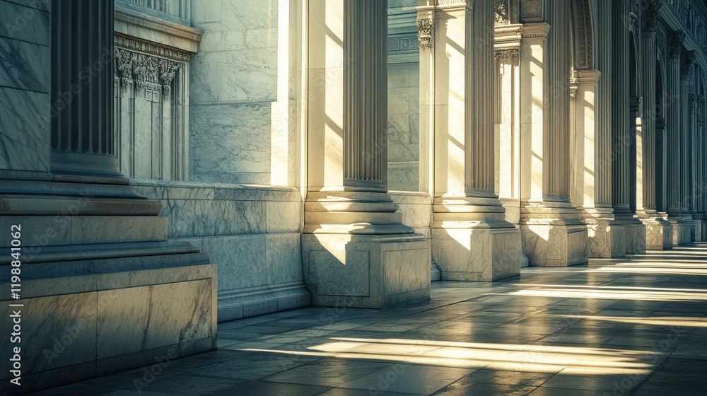 Obraz premium A quiet early morning view of the New York Public Library, with soft light casting shadows on its marble facade.