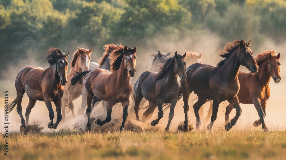 Fototapeta premium Horses Galloping Through a Dusty Field Under Natural Light