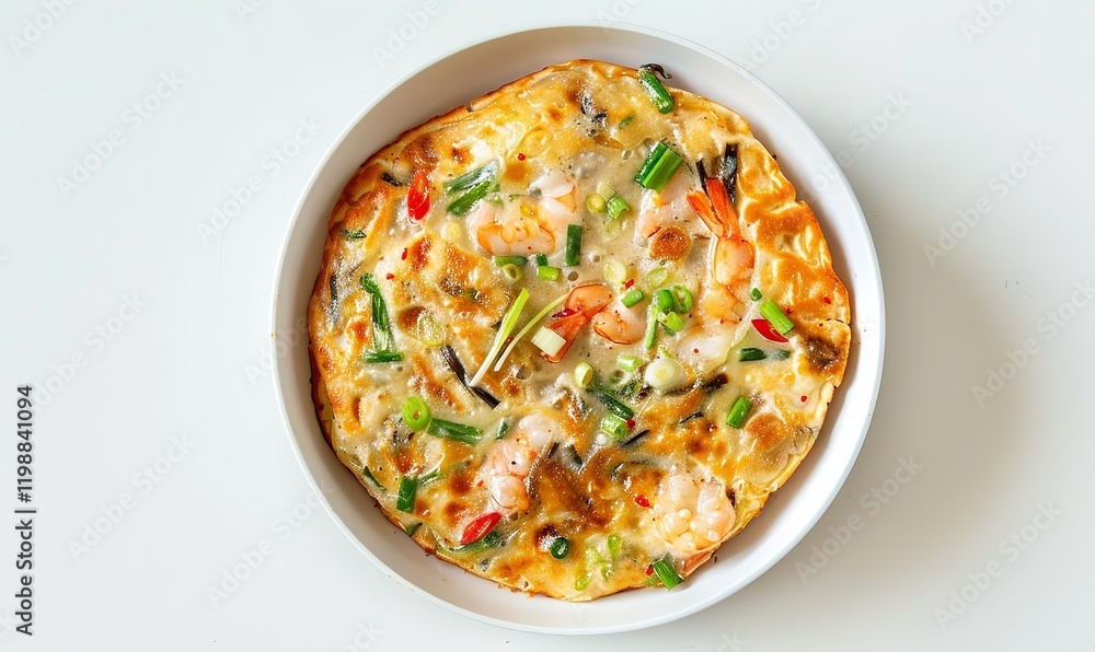Seafood and green onion pancakes in a white dish on a white table is Haemul Pajeon, Generative AI. Seafood and green onion pancakes in a white dish on a white table is Haemul Pajeon, Generative AI.