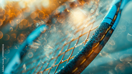 Close Up of a Tennis Racquet String Pattern at Sunset. Generative AI