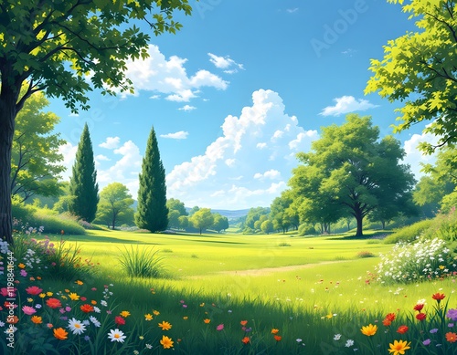 Vibrant Spring Meadow Landscape with Lush Green Field photo