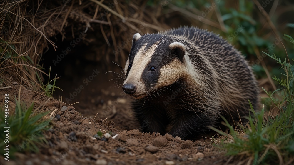 Fototapeta premium wildlife british,Badger Emerging from Its Sett at Twilight in the Countryside
