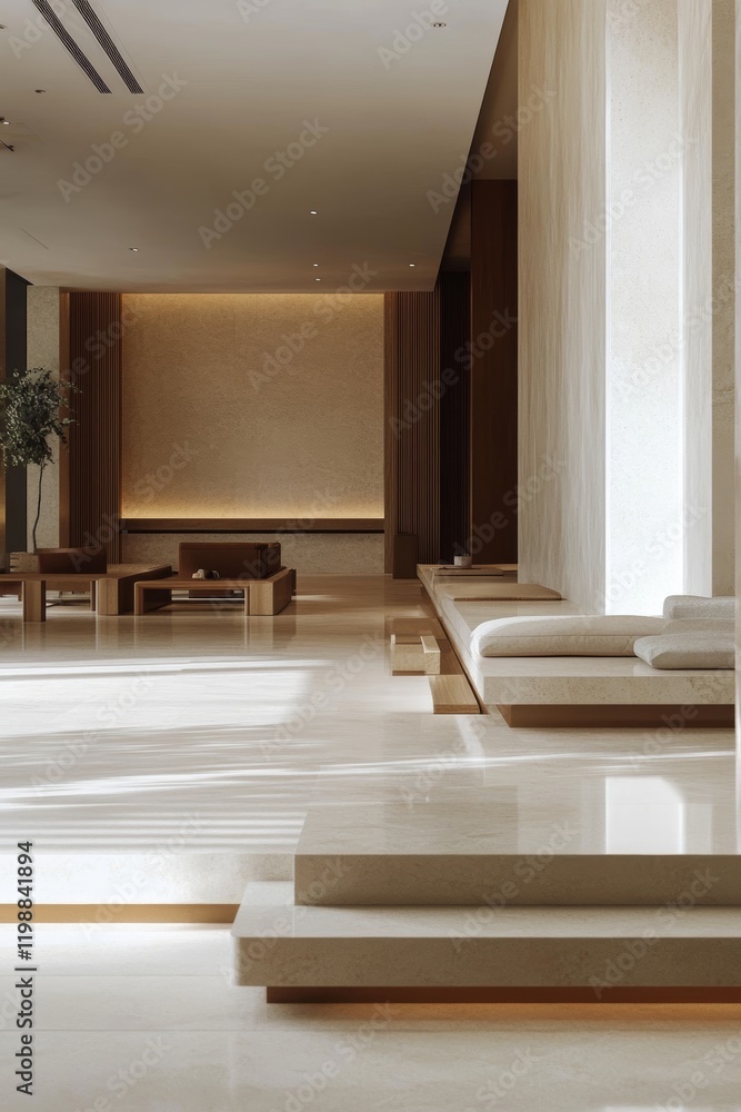 A serene minimalist living room featuring modern furniture, natural lighting, and a calming neutral color palette.