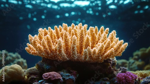 Underwater coral reef, vibrant orange coral, ocean background, marine life, nature scene, ideal for nature documentaries photo