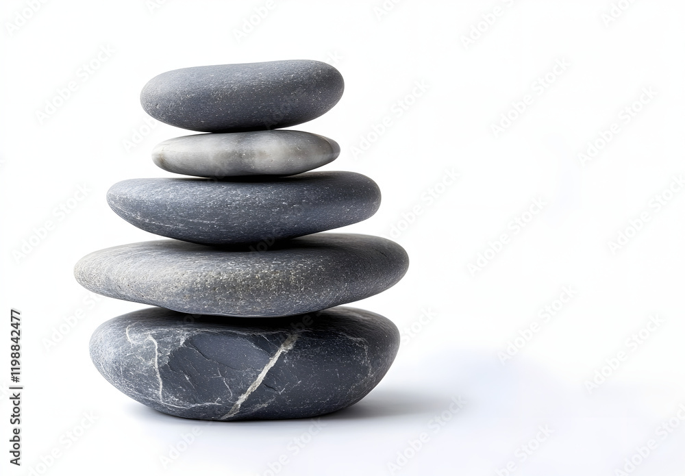 Stacked gray pebbles arranged in a balanced formation on a white background, highlighting simplicity and tranquility, ideal for decoration or meditation purposes Stacked gray pebbles arranged in a balanced formation on a white background, highlighting simplicity and tranquility, ideal for decoration or meditation purposes