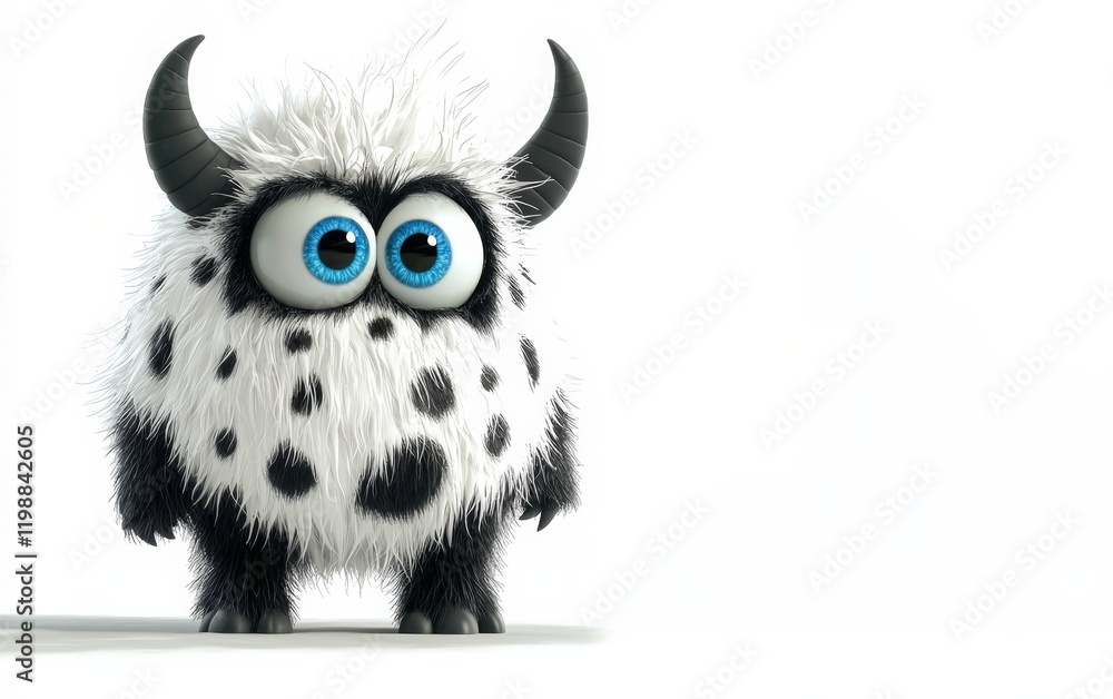 Fototapeta premium 3D funny fluffy black-and-white spotted monster with horns and big blue eyes, cartoon character standing on a bright white background