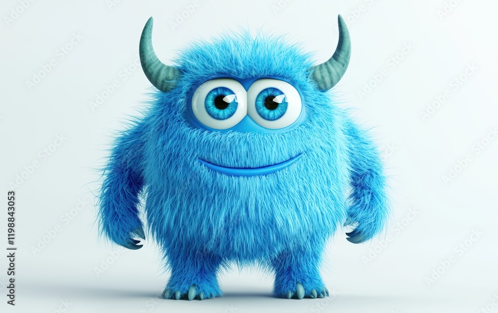 Fototapeta premium 3D funny fluffy cyan monster with horns and big blue eyes, cartoon character standing on a bright white background