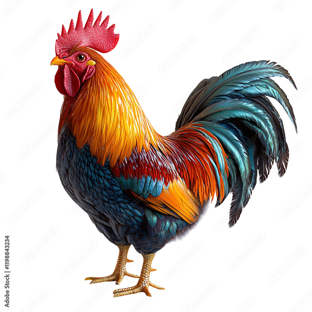 Fototapeta premium A colorful rooster with vibrant plumage, showcasing its striking feathers and stance.