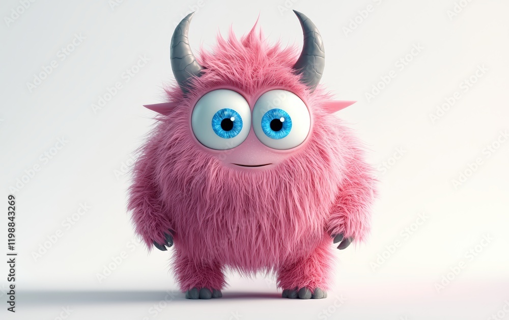 Obraz premium 3D funny fluffy pastel pink monster with horns and big blue eyes, cartoon character standing on a bright white background