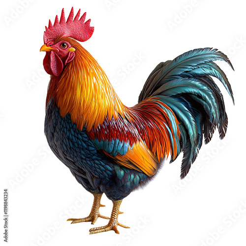 A colorful rooster with vibrant plumage, showcasing its striking feathers and stance. photo