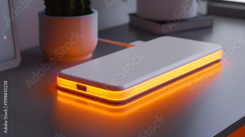 Wallpaper Mural A sleek power bank, isolated on a smooth matte desk, with glowing lights highlighting its modern, compact design. Torontodigital.ca