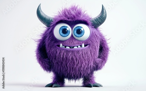 3D funny fluffy violet monster with horns and big blue eyes, cartoon character standing on a bright white background