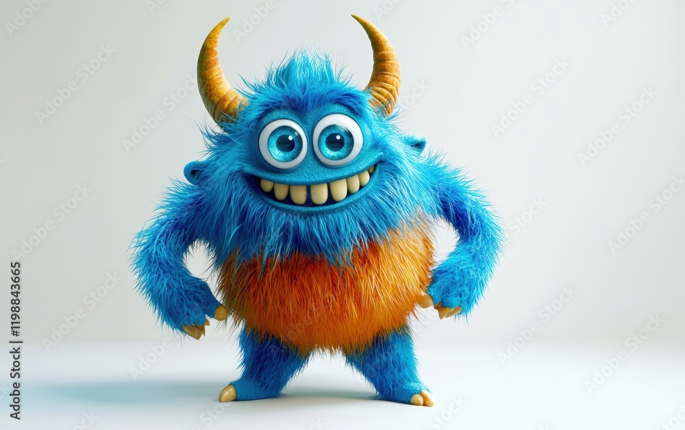 Fototapeta premium 3d smiled and funny Fluffy bright monster with horns and big blue eyes, cartoon charachter standing on a bright white background