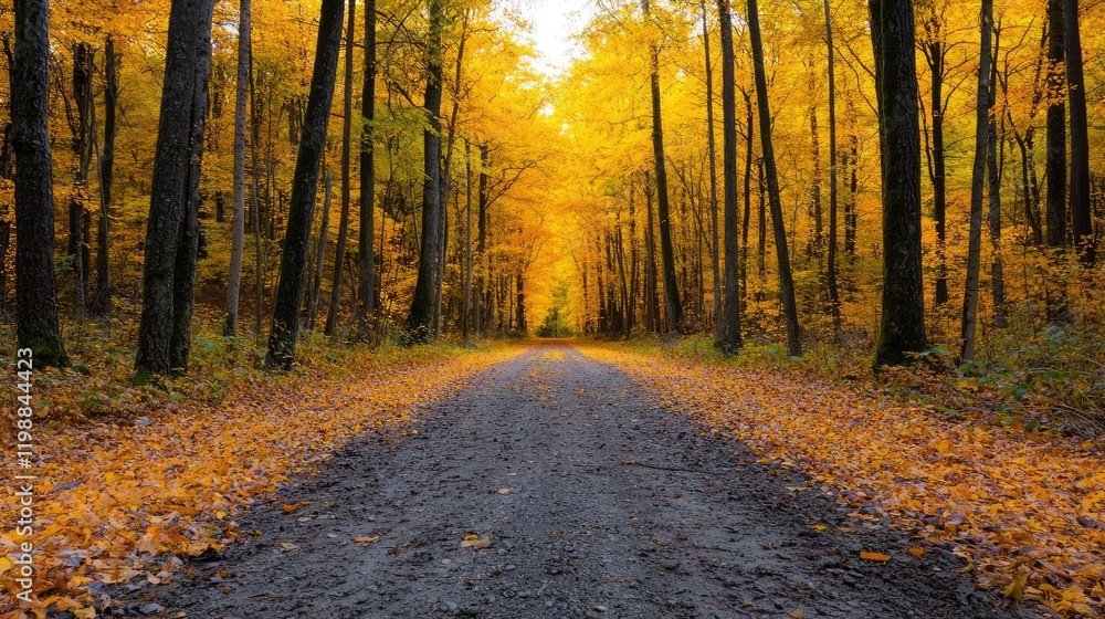 Obraz premium Autumn road through golden forest, scenic drive, fall foliage, nature background, travel photography