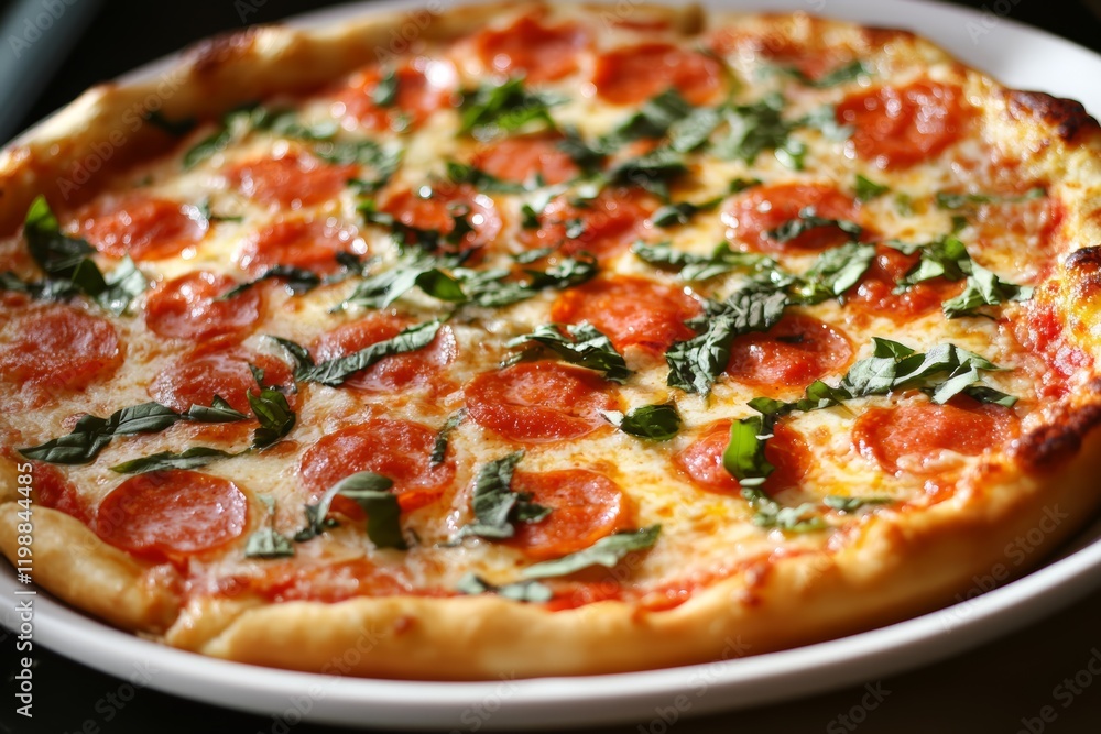 A mouthwatering pepperoni pizza topped with fresh basil leaves, served on a classic white plate. Perfect for sharing at gatherings or enjoying a cozy night in. A mouthwatering pepperoni pizza topped with fresh basil leaves, served on a classic white plate. Perfect for sharing at gatherings or enjoying a cozy night in.