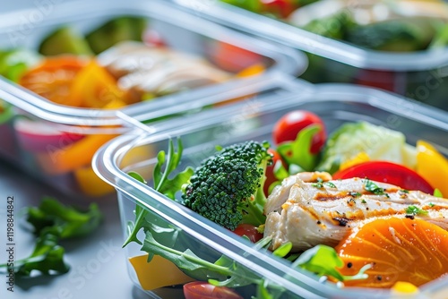 Vibrant meal prep containers filled with chicken and fresh vegetables photo