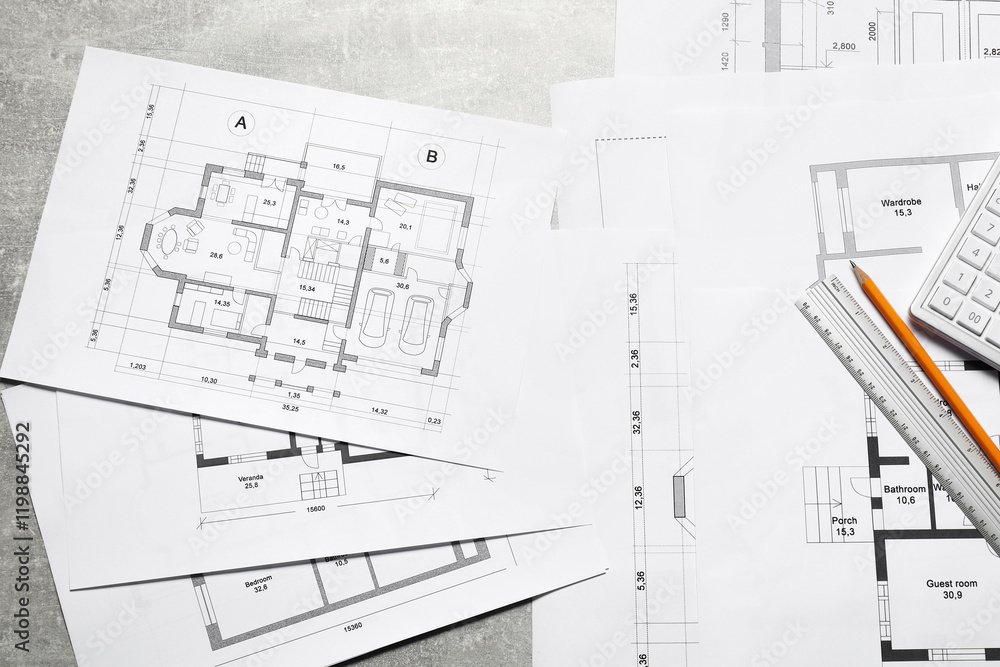 Different architectural drawings, calculator, ruler and pencil on gray textured table, top view Different architectural drawings, calculator, ruler and pencil on gray textured table, top view