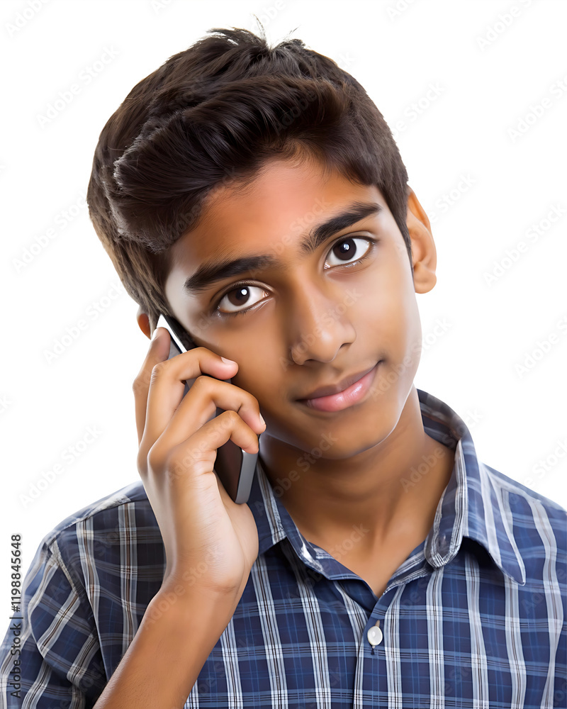 Teenager talking over smartphone, isolated on transparent background. Young boy using phone for conversation Teenager talking over smartphone, isolated on transparent background. Young boy using phone for conversation