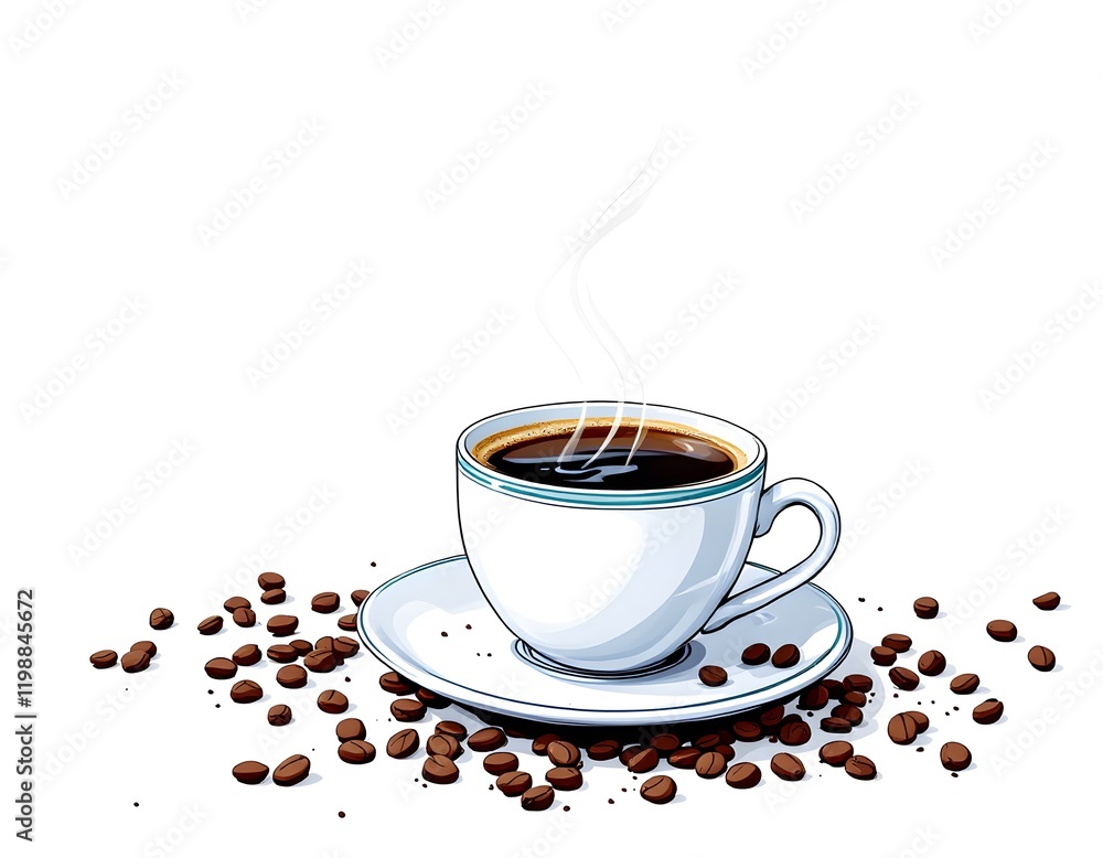 Steaming Cup of Coffee with Roasted Beans Steaming Cup of Coffee with Roasted Beans